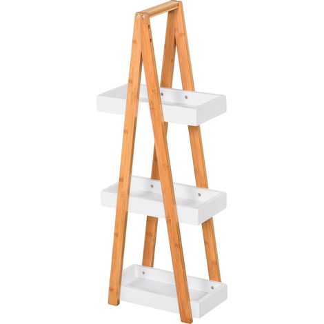 Estantería de baño, 3 estantes de almacenamiento, fabricada en bambú ecológico, color blanco natural, 30x18x81 cm. (1/2)