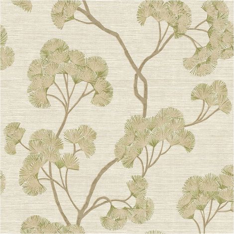 Ginkgo Leaf Wallpaper Cream Green Beige Textured Vinyl Floral Feature Wall (1/4)