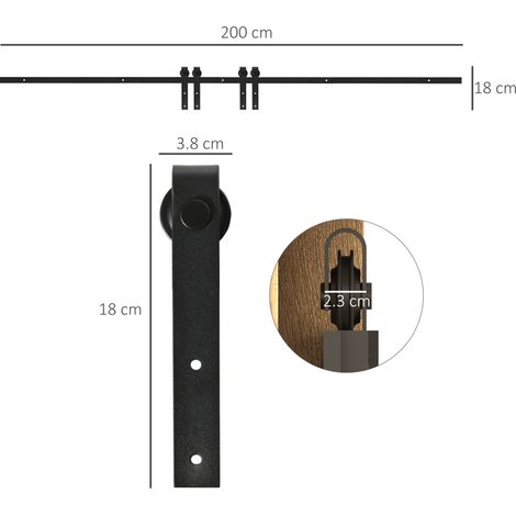 Ferrures pour portes coulissantes doubles, rails de porte coulissante, accessoires pour portes coulissantes, acier au carbone, noir, 200 x 0,6 x 18 cm, convient aux portes intérieures. (1/4)