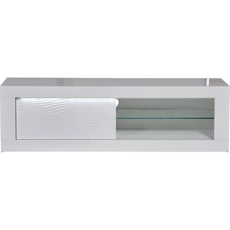DAYTON WHITE - Meuble TV Laqué Blanc Porte Coulissante et Leds (1/4)