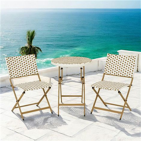 Salon de jardin table ronde + 2 chaises résine blanche tressée motifs beiges BISTROT (1/2)