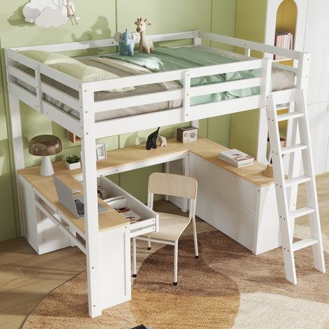 Cama alta 140x200 cm con mesa en forma de U dos cajones y estante de almacenamiento blanco y natural(Sin Colchón) (1/5)