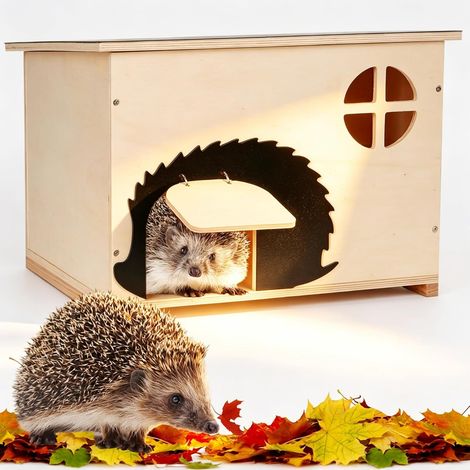 Grande maison pour hérisson avec trappe à rats et entrée labyrinthe, résistante à l'hiver Hérisson en bois avec fond - 37 x 30 x 28 cm - Hérisson décoratif pour hérisson pour abri et sommeil d'hiver (1/5)