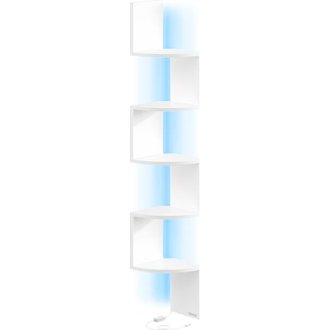 Vasagle – Étagère murale d’angle avec éclairage LED – Bibliothèque flottante 5 niveaux – Panneau aggloméré blanc mat – Charge max 6 kg par niveau (1/5)