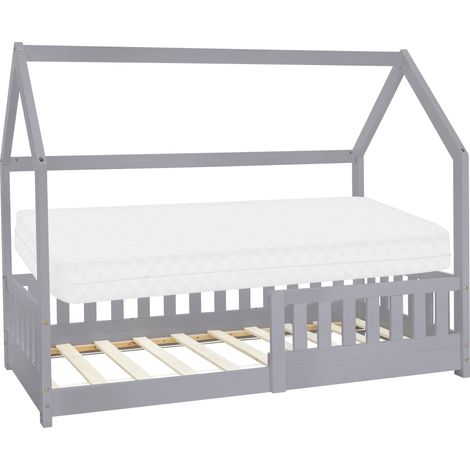 ML-Design Letto a Casetta per Bambini 80 x 160 cm Grigio, in Legno Massello, Struttura con Protezione Anticaduta, Lettino a Terra Montessori con Materasso Sfoderabile in Schiuma Fredda per Cameretta (1/5)