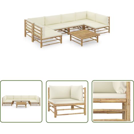 Salon de jardin 7 pcs avec coussins blanc crème Bambou 4 (1/5)