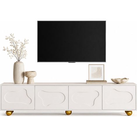 Meuble TV 180 x 40 x 45 cm pour téléviseur 75 pouces, 2 rangements à portes nuage, 5 pieds stables, panneau de particules blanc chaud, idéal salon  CHICFURN (1/5)