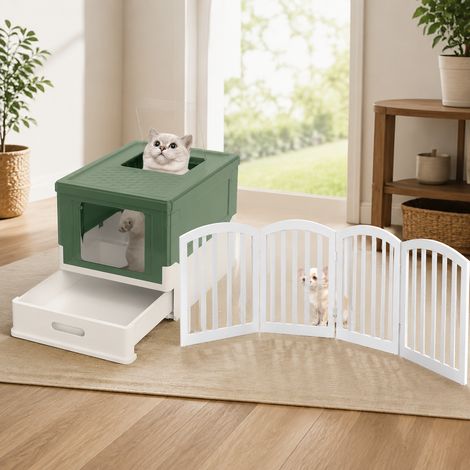 Set für kleine Haustiere (2-teilig) – Zusammenklappbares 4-teiliges Haustiergitter & grüne Katzentoilette (1/5)