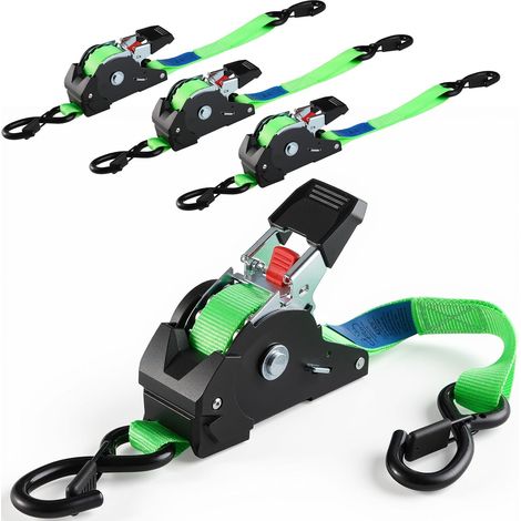 Automatic Ratchet Straps 4 Pack Retractable Tie Down Straps 3m x 25mm 750kg Break Resistance for Trailers, Motorcycles, Bikes, Merchandise and More - Green