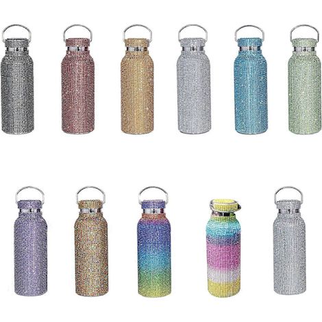 Bouteille d'eau isotherme en acier inoxydable ornée de strass, 100 % neuve, noire. (1/4)