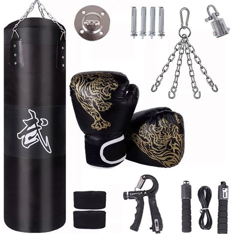 Sac De Frappe,Sac De Frappe Adulte,Sac De Boxe,15PCS Suspension Boxe Punching Bag 100cm avec Gants, Bandages, chaîne rembourrée, Rotation à 360° Non REMPLIR, pour Le Muay Thai et Les Combats (Noir) (1/5)