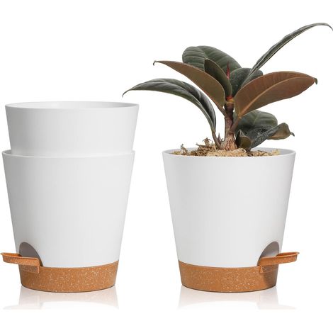 3 Pcs Pots de Fleurs en Plastique 14cm Blanc Auto-Arrosant avec Soucoupe avec Système d'arrosage Pot de Fleur Paresseux Convient aux Jardins de Balcon Intérieurs et Extérieurs (1/5)