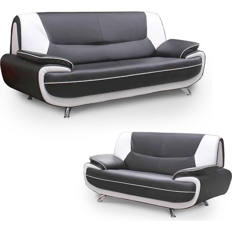 Mobilier Deco – Canapé droit 3 places en simili cuir gris et blanc – Pieds chromés – Design moderne et élégant – Confort optimal (1/5)