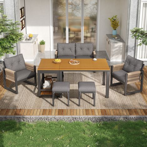 Salon de jardin 6 places Amovible Structure Acier Tressé Coussins Inclus Gris (1/5)