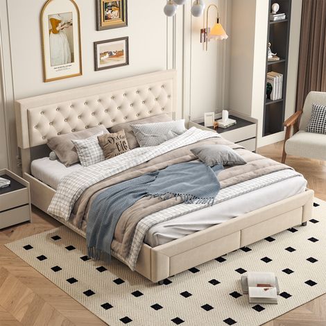 Lit 160x200 cm avec 2 tiroirs, lit coffre 160x200 cm avec sommier à lattes, lit adulte 160x200 cm tissu en velours, beige (1/5)