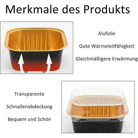Moule À Soufflé Carré Aluminium - 150 ml - Résistant Jusqu'à 240 °C - Avec Couvercle Transparent - Lot De 50 Pièces (1/5)