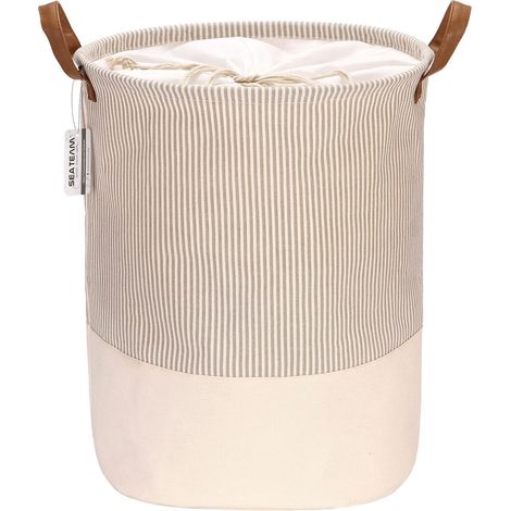 Wäschekorb faltbar mit Ledergriffen, 43L, wasserdicht, grau gestreift (1/5)