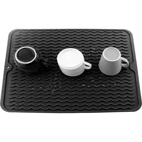 Tappetino scolapiatti in silicone di grandi dimensioni con spazzola per la pulizia del piano di lavoro, scolapiatti, tappetino per asciugare, sottopentola resistente al calore (nero, 40×30 cm)