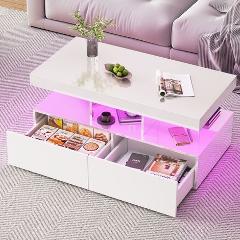 Table Basse Laquée 104 x 53 x 46 cm avec LED RGB, Table Basse Salon avec 2 Tiroirs et Compartiment de Rangement, pour Salon, Bureau et Salle,Blanc
