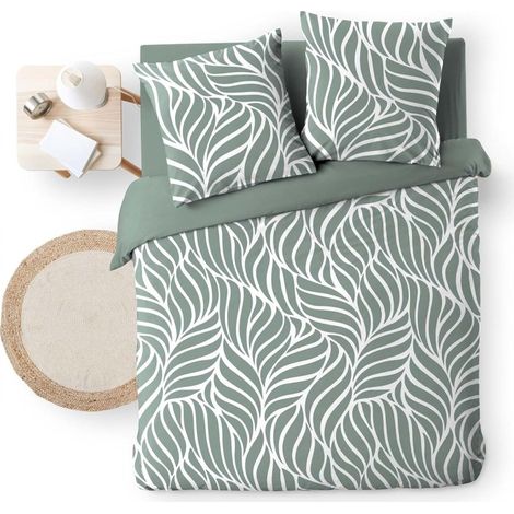 Parure de Lit 3 Pièces 100% Coton – Housse de Couette et 2 Taies d’Oreiller – Fermeture Pressions Discrètes – Morgane – Oeko-TEX - 240x220cm - Sauge