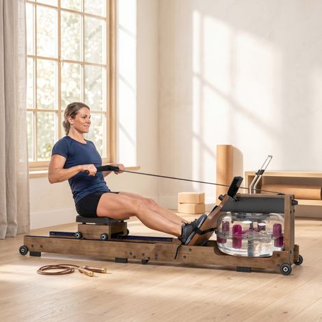 Rameur eau pliable double rail aluminium capacité 158kg Bluetooth 182x42x67 cm chêne. Rameur à eau pliable pour un rangement facile, élégant et performant. (1/5)