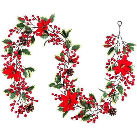 Guirlande de Baies Rouges de Noël, 200CM Artificiels Guirlande de Poinsettias Flexible Guirlandes de Verdure avec Pommes de Pin et Houx Feuilles pour l'hiver Noël Fêtes Nouvel Fête Décoration (1/4)