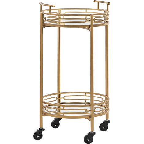 Carrito de cocina de metal dorado negro superficie espejo estantes ruedas glamuroso Farley