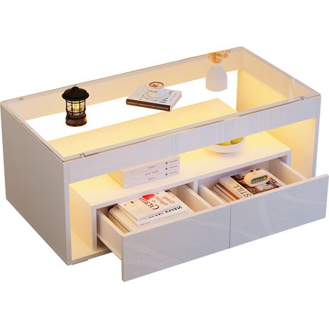 CAIziTable basse LED 100x50x40 cm, 2 tiroirs, verre, blanche brillante (1/5)