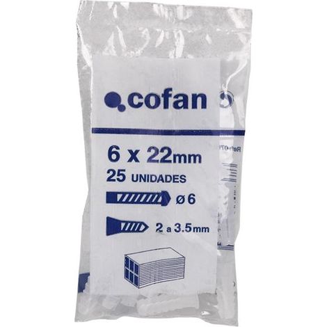COFAN bolsa 25 uds taco plástico 6 mm   caja 40 unid. , Taco blanco estriado, en bolsitas de 100 unidades, ideal para ladrillos huecos. Dispone de 3 patas que se expanden para que