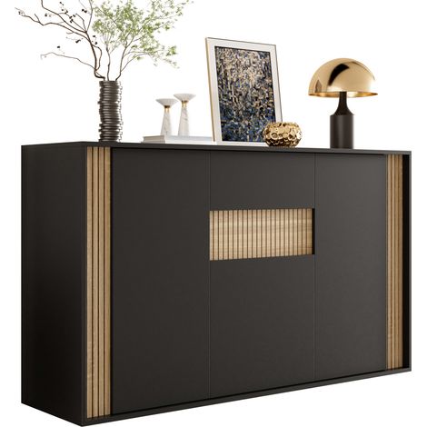 Buffet 3 portes avec 1 tiroir, LED réglable et rangement spacieux, meuble noir effet bois pour salon, entrée ou salle à manger, 140 x 40 x 82 cm - CHICFURN (1/5)