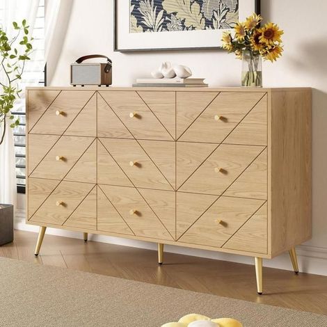 Commode - KOMHTOM - 120x39x80 cm - 9 tiroirs - pieds en fer - motif géométrique (1/5)