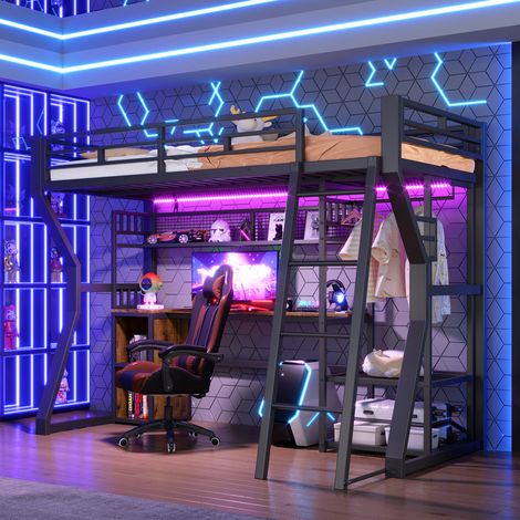 Lit mezzanine enfant en fer 90 x 200 cm avec LED,prise,penderie,bureau,rangements,étagères,lit superposé,cadre de lit mezzanine 1 place,noir (1/5)