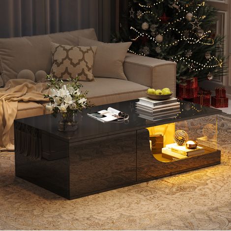 Mesa de centro 100x50x30 cm negra en MDF y vidrio templado con 2 cajones, LED y acabado alto brillo (1/5)