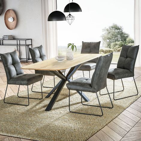 Esstisch 180x90cm mit runder Kante, Wildeiche massiv geölt, Metallfußgestell, TISDALE-69 (1/3)