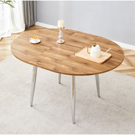 Tavolo da pranzo rotondo allungabile 107-137 cm, design moderno, in MDF effetto legno e gambe in metallo argentato (1/5)