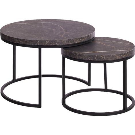 Table Basse Gigogne Aspect Bois finition marbre noir Piètement Métal Noir - MARMOL (1/5)