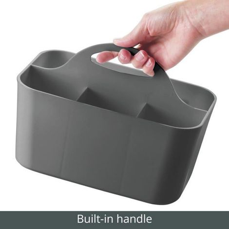 Panier de rangement douche avec poignée, 4 compartiments, plastique drainant, gris foncé, salle de bain (1/5)