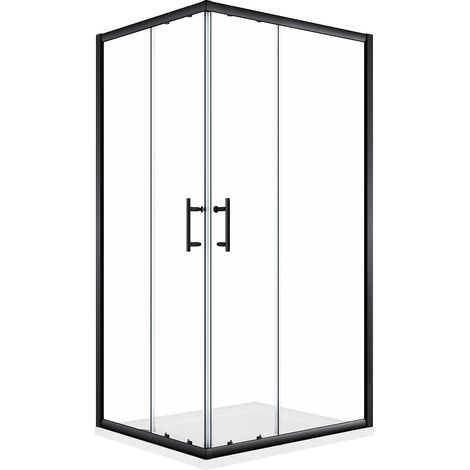 ELEGANT Sliding Corner Entry Shower Enclosure Door Black Frame Cubicle 1000 x 800 mm + Slip-Resistance Shower Tray with Waste and Resin Cover Grate (1/5)