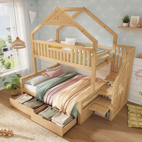 Lit superposé enfant 90x200 & 140x200cm - lit cabane en bois avec escalier, 2 tiroirs, toit à pignon, lit familial, EN 747, couleur chêne (sans matelas) (1/5)