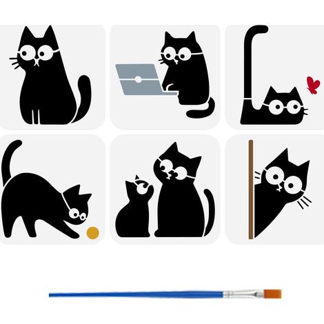 6PCS Pochoirs Chat Mignon Cartoon avec 1Pc Pinceau 15x15cm Pochoirs Chat Noir Pochoir Forme de Chats Thème Animal pour Peinture sur Bois Mur Meuble DIY Décoration Maison (1/5)