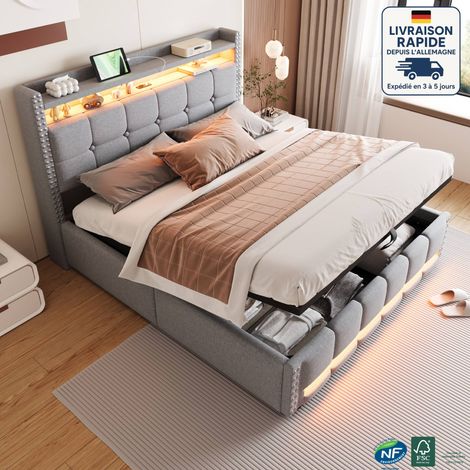 Lits doubles coffre pour adultes/enfants , hydraulique, USB, LED, lin, gris-160x200cm (1/5)