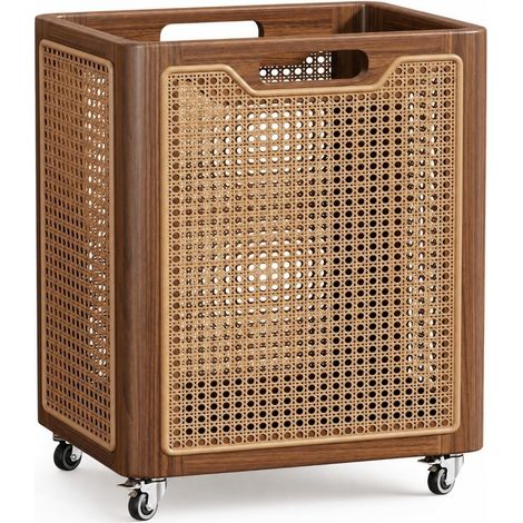 Fitness Equipment Storage Trolley Organizer Stand Locker Basket with Wheels in Wood and Rattan for Sports Accessories and Mats (1/5)
