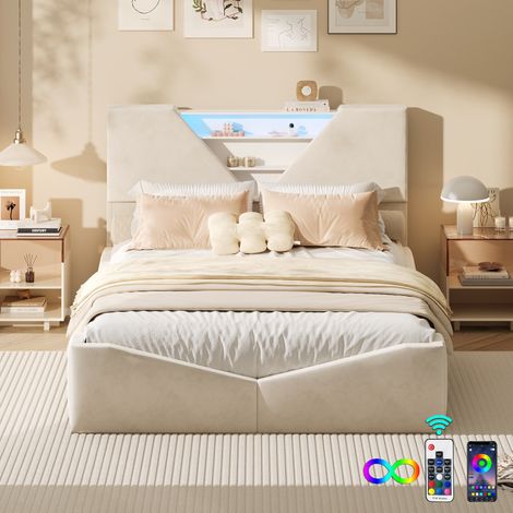 Letto matrimoniale 140x200 cm - letto con contenitore, testiera triangolare con vani portaoggetti, illuminazione a LED regolabile, 4 cassetti, tessuto in velluto, design moderno e minimalista - Beige
