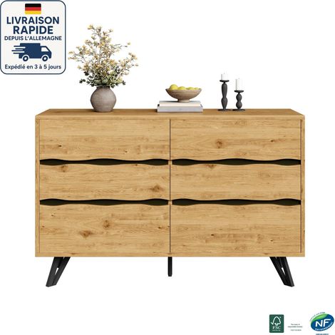 Commode 6 tiroirs - – 120x40x75,5 cm - Extérieur en bois - Pieds en métal - Grand espace de rangement - Design minimaliste - Bois Certifié PEFC (1/5)