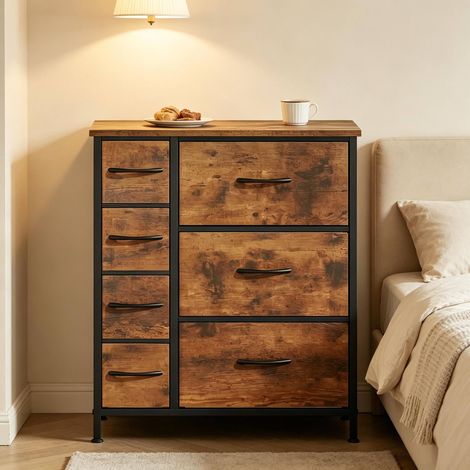Credenza 63.5x30x73 cm con 7 cassetti in tessuto, struttura in metallo, effetto vintage, marrone rustico (1/5)