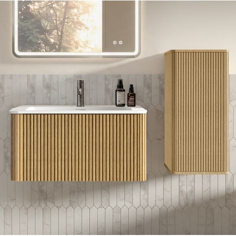 Ensemble de meubles de salle de bains avec meuble sous vasque et colonne, chêne OKMYHOME (1/5)
