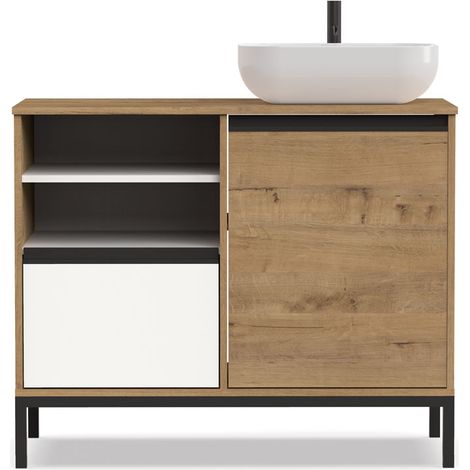 Meuble de salle de bain coloris chêne doré / pieds noir - Hauteur 81 x Longueur 100 x Profondeur 51 cm - PEGANE - (1/4)