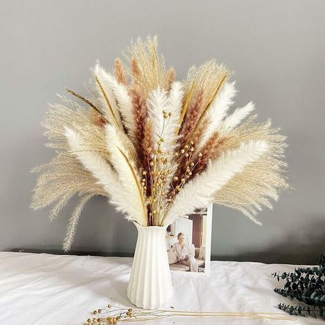 Lot de 90 fleurs séchées naturelles – Bouquet pampa blanc – Décoration boho pour maison, mariage, fêtes – 45 cm de hauteur (1/4)