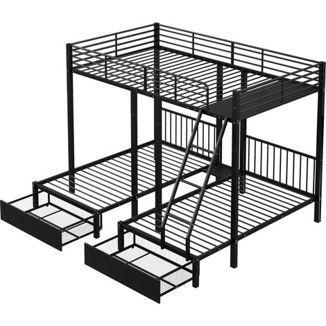Litera triple de metal con cajones 140x200 cm y 2x90x200 cm negra HOMVRA (1/5)