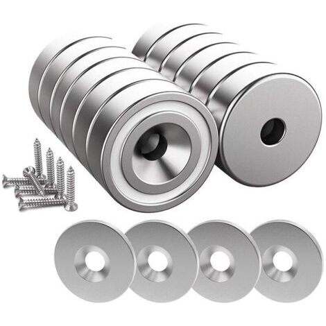 Lot de 12 aimants en néodyme 10 kg – Dimensions 20 x 7 mm avec trou et capsule – 12 coussins en acier inclus – Vis M4 fournies (1/5)